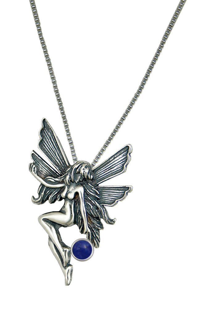 Sterling Silver Fairy Pendant Necklace With Lapis Lazuli